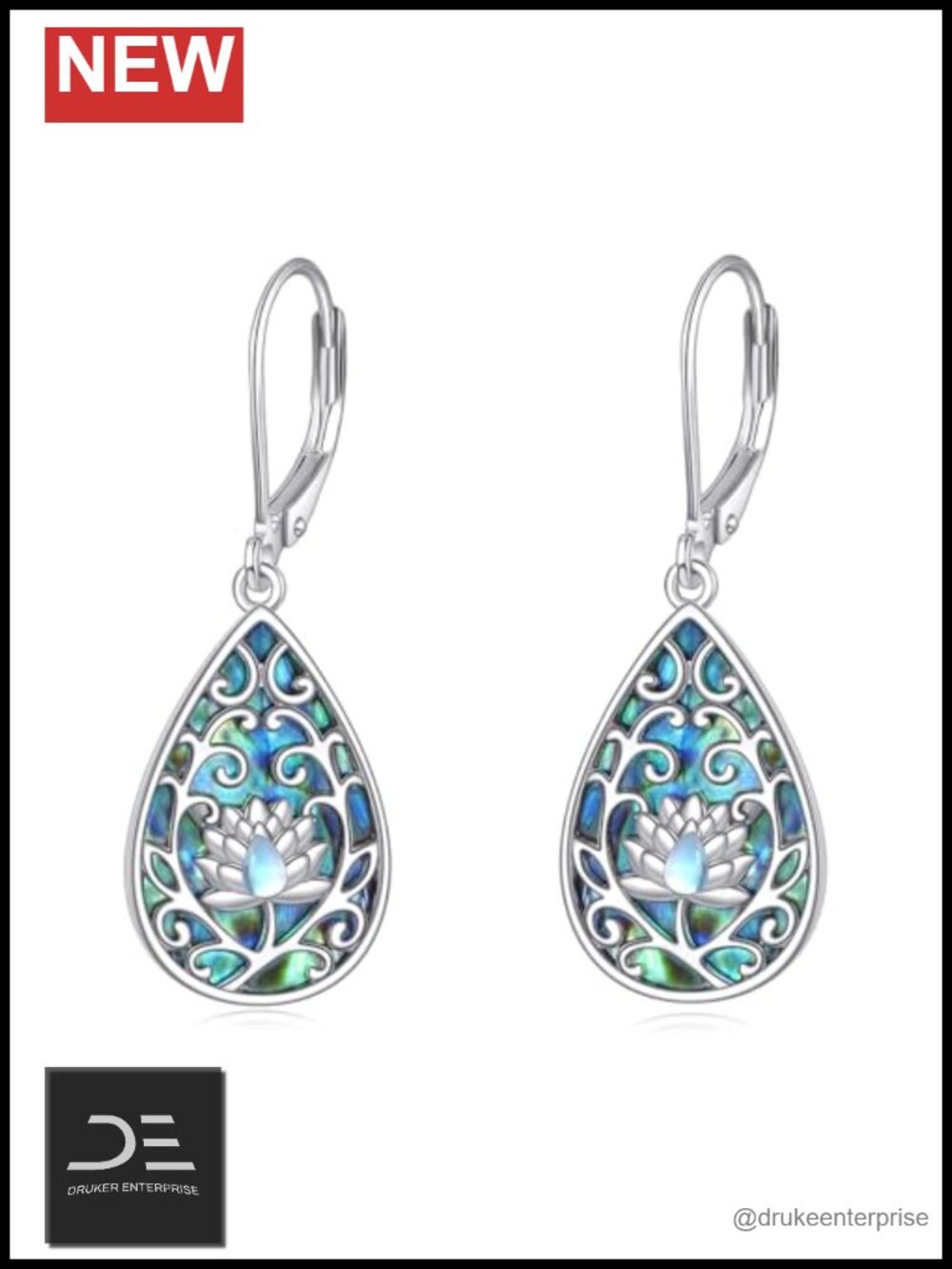 925 Sterling Silver Lotus Drop Earrings Leverback Abalone Moonstone Women
